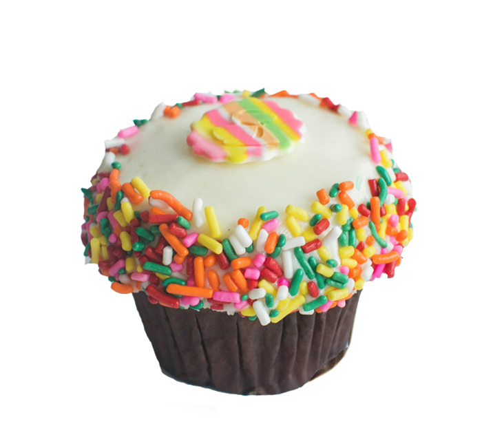 We bake our cupcakes fresh daily. (Shown: Confetti Cupcake cupcakes.)