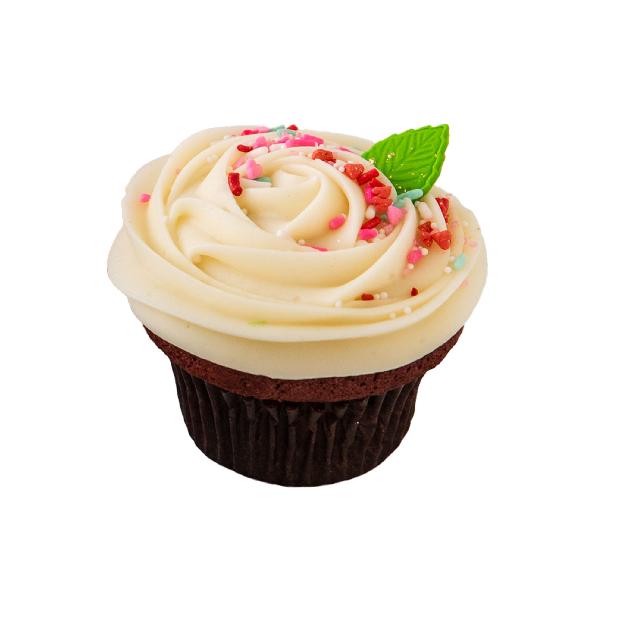 We bake our cupcakes fresh daily. (Shown: Valentine's Day Rosette Red Velvet cupcakes.)