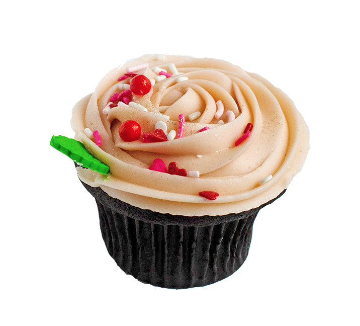 We bake our cupcakes fresh daily. (Shown: Valentines Rosette Strawberry on Chocolate  cupcakes.)