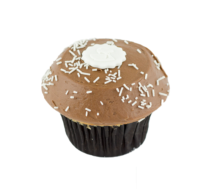 We bake our cupcakes fresh daily. (Shown: Chocolate on Vanilla Cupcake cupcakes.)