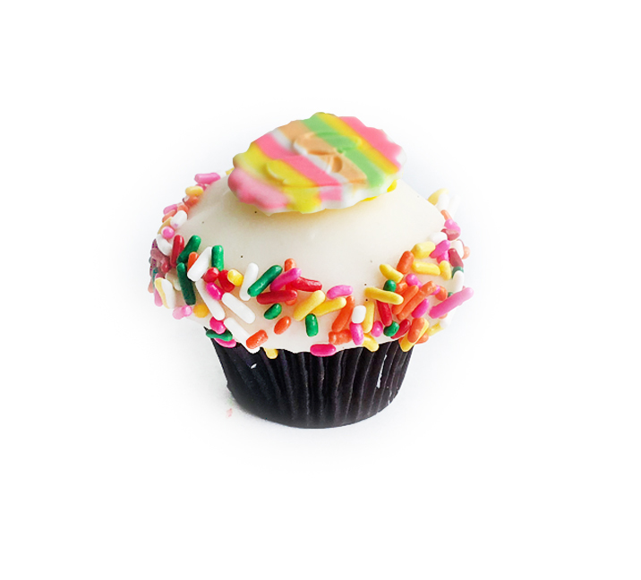 We bake our cupcakes fresh daily. (Shown: Confetti cupcakes.)