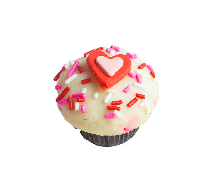 We bake our cupcakes fresh daily. (Shown: Valentine's Confetti cupcakes.)